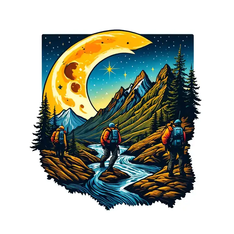 mountain rivers moon stars and hikers tattoo design idea