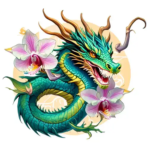dragon  and orchids leg tattoo  tattoo design idea