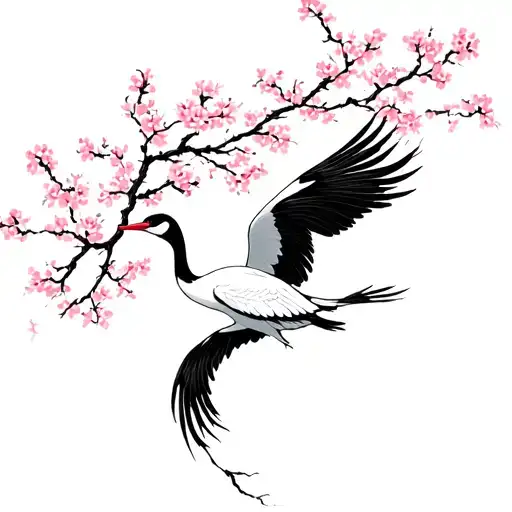 Japanese crane dance in air surrounded by cherry blossom branches tattoo design idea