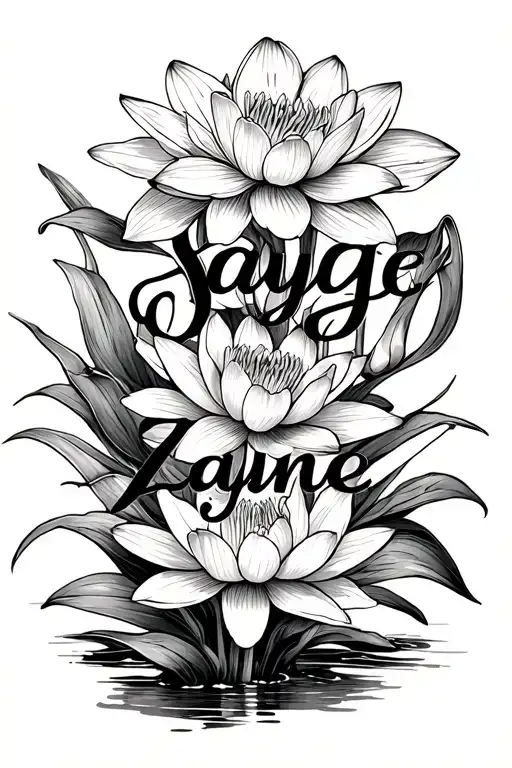 "Sayge Zayne" daffodil and water lily stacked with thin stems. flowers on opposite sides. "Sayge" on daffodil and "Zayne" on waterlily tattoo design idea