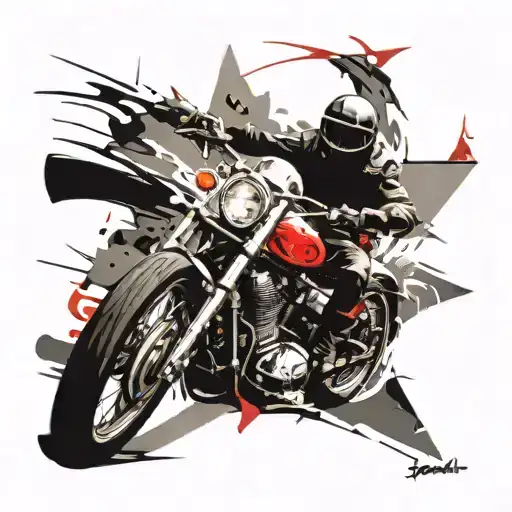 motorcycle riding up on mountain scene, with a. tower bell on top, custom motorcycle. biker with a black vest. no text tattoo design idea