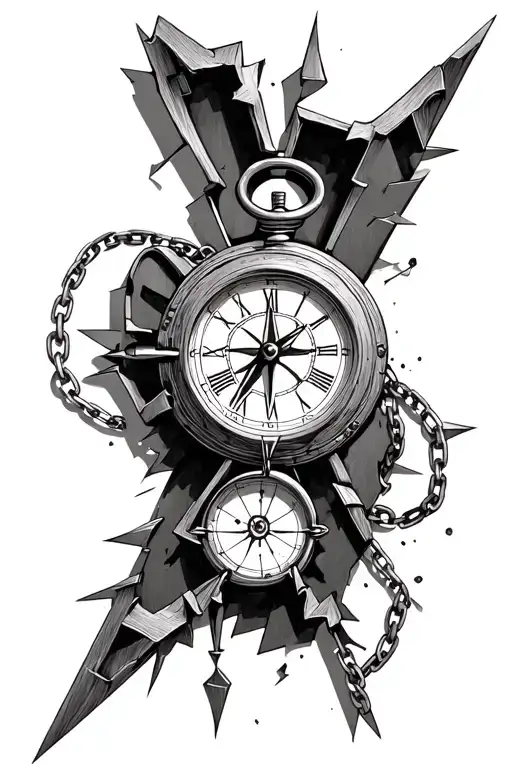 a broken clock and a broken compass connected by a chain tattoo design idea