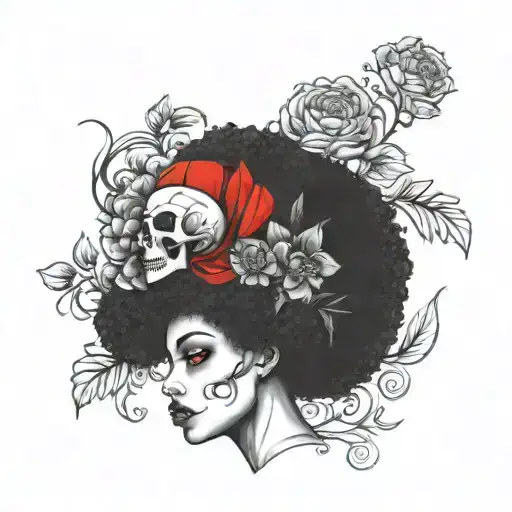 Afro Medusa head. head wrap. only two skulls. poppies and hydrangeas. red eyes.  tattoo design idea