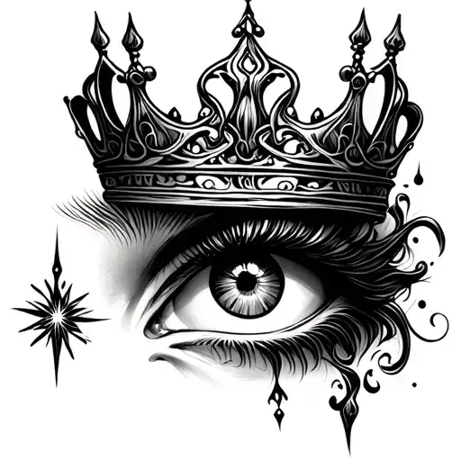 Fierce eye tattoo with ornate crown above it and a small sparkle on the left. tattoo design idea