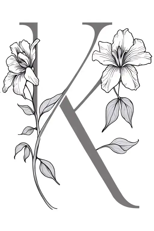 mother daughter tattoo with initial K and iris flower tattoo design idea