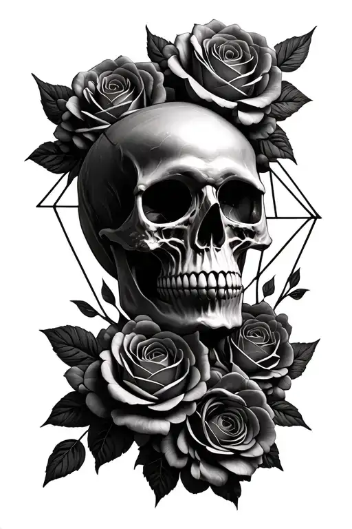 skull surrounded by roses on geometric mandala background with 3d effects tattoo design idea