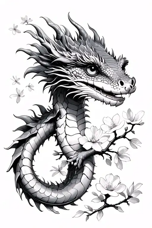 cute Water dragon Japanese cherry blossom branches tattoo design idea