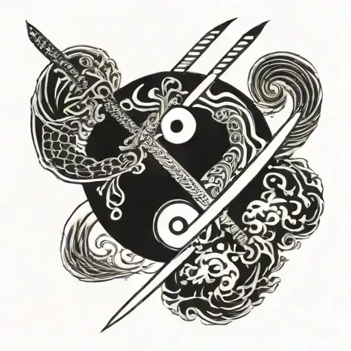 yinyang symbol split with samurai sword tattoo design idea