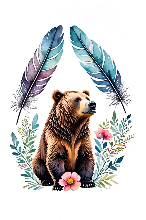 grizzly bear with feathers and flowers intertwined tattoo design idea