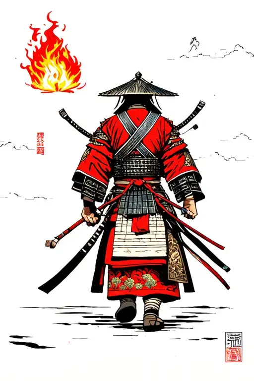 samurai, walking towards torii gate, from which the flame erupts tattoo design idea