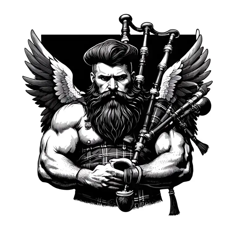scottish bagpiper bald black beard muscular wearing glengarry pipes in arm wings tattoo design idea