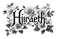 "Hiraeth" dogwood flowers and roses wrapped around the text "Hiraeth" in a feminine fantasy gothic style tattoo design idea