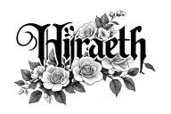 "Hiraeth" dogwood flowers and roses wrapped around the text "Hiraeth" in a feminine fantasy gothic style tattoo design idea