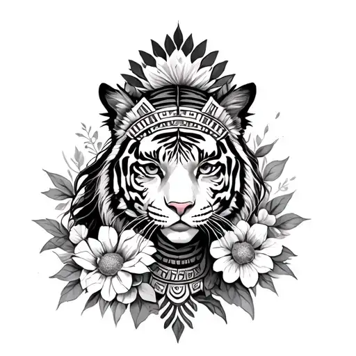 Aztec girl , tiger surrounded, flowers tattoo design idea