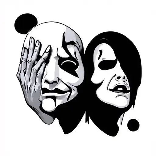 Two face drama maskes happy and sad  with hands facing into the masks but not covering the expression tattoo design idea