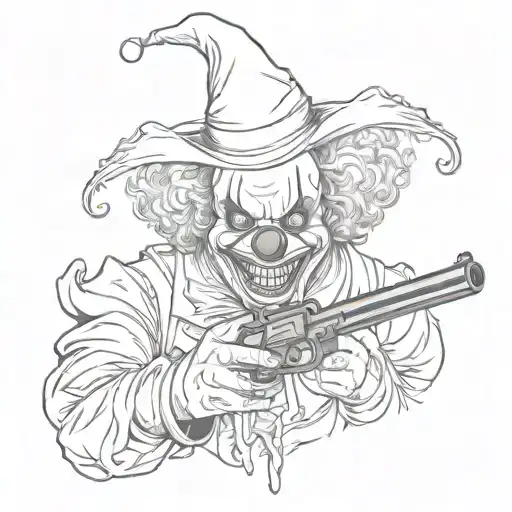 killer clown, with gun in hand, wearing a pointy hat "I want him in black and white tattoo design idea