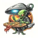 An alien, sitting in an Alien Space Ship. the spaceship is beaming up a slice of pizza. the alien wants to abduct pizza tattoo design idea
