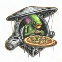 An alien, sitting in an Alien Space Ship. the spaceship is beaming up a slice of pizza. the alien wants to abduct pizza tattoo design idea