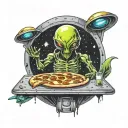 An alien, sitting in an Alien Space Ship. the spaceship is beaming up a slice of pizza. the alien wants to abduct pizza tattoo design idea
