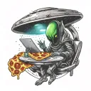 An alien, sitting in an Alien Space Ship. the spaceship is beaming up a slice of pizza. the alien wants to abduct pizza tattoo design idea