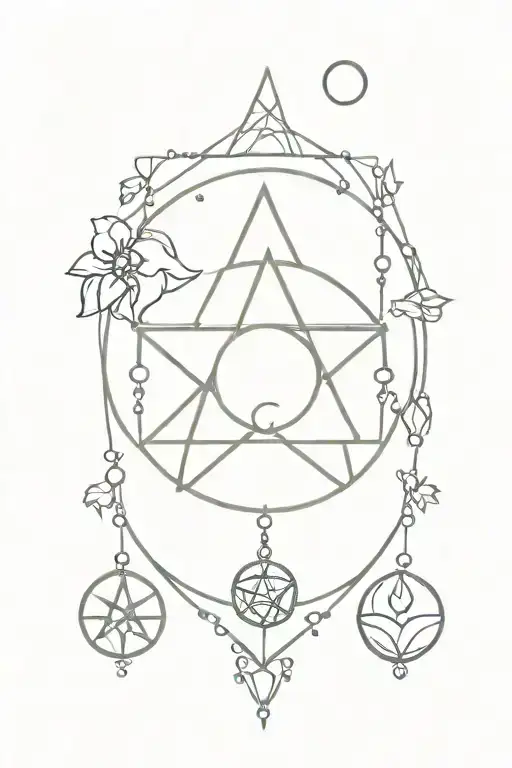 small triple moon goddess pentacle with lotus flower and hanging beads tattoo design idea