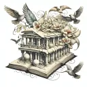 Composition tattoo design, fine lines, shell with pearl in it, DNA sequence, Birds flying out of a book tattoo design idea