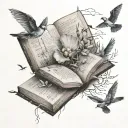 Composition tattoo design, fine lines, shell with pearl in it, DNA sequence, Birds flying out of a book tattoo design idea