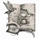 Composition tattoo design, fine lines, shell with pearl in it, DNA sequence, Birds flying out of a book tattoo design idea
