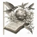 Composition tattoo design, fine lines, shell with pearl in it, DNA sequence, Birds flying out of a book tattoo design idea