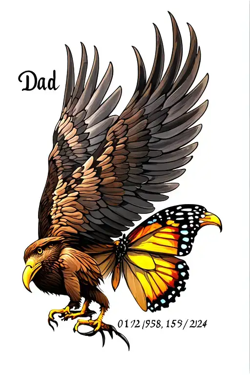 "Dad 01/02/1958-18/09/2024" eagle wings wrapped around butterfly  tattoo design idea