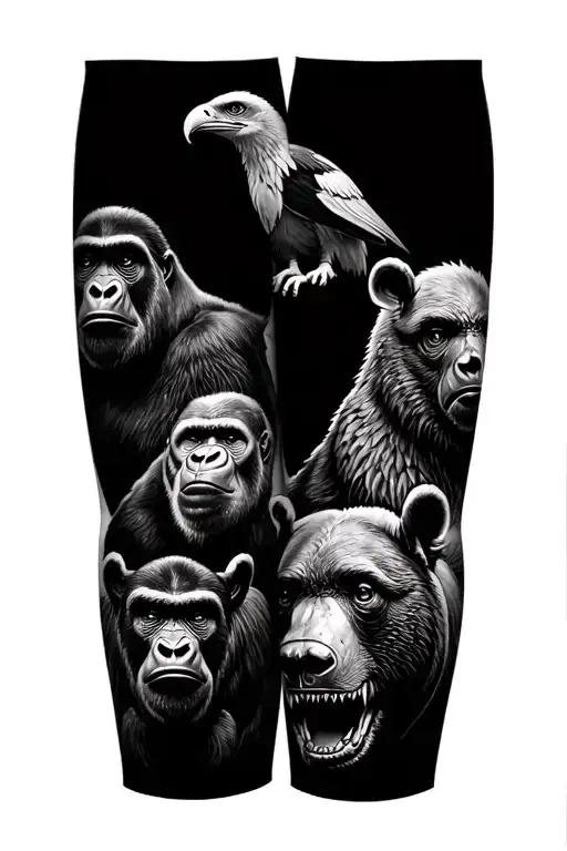 leg sleeve incorporating the animals Silverback Gorilla, Grizzly bear, Great white shark, Bald eagle, RhinoCape buffaloO tattoo design idea