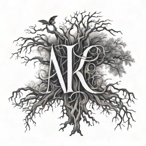 LETTERS MADE WITH TREES AND ROOTS SPELLING AMARI  tattoo design idea