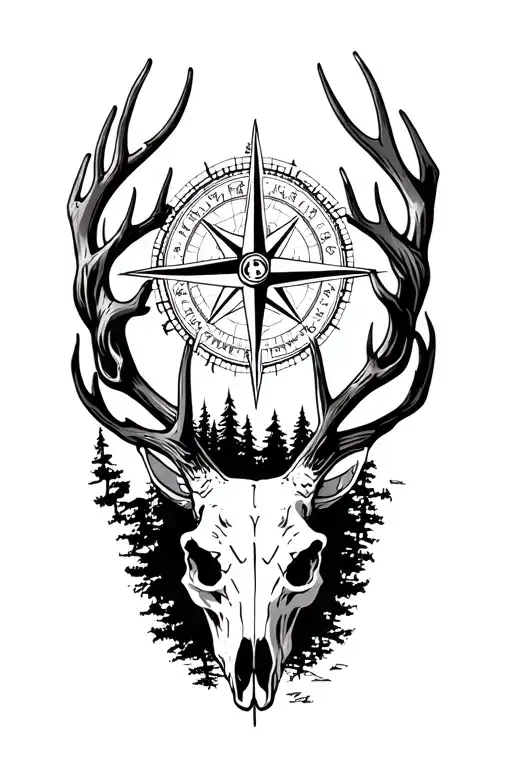 detailed compass rose surrounded by deer skull and forest tattoo design idea
