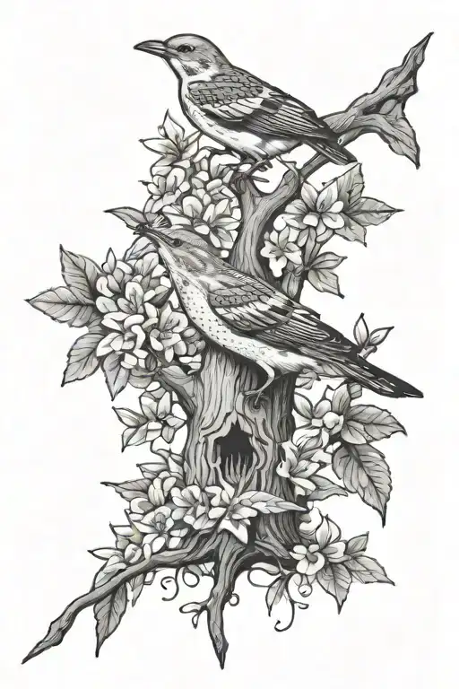 oak tree with azalea, honeybee, and brown thrasher, and shark tooth tattoo design idea