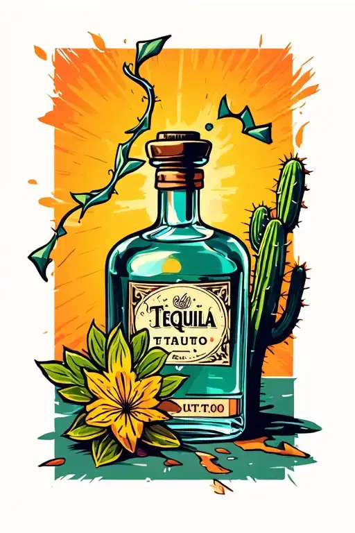 broken tequila bottle with a small cactus leading towards tattoo design idea