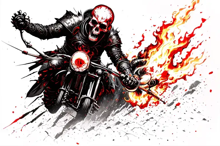 A roaring skull-faced rider clad in torn armor, gripping flaming handlebars, launching over a cracked mountain with thun tattoo design idea