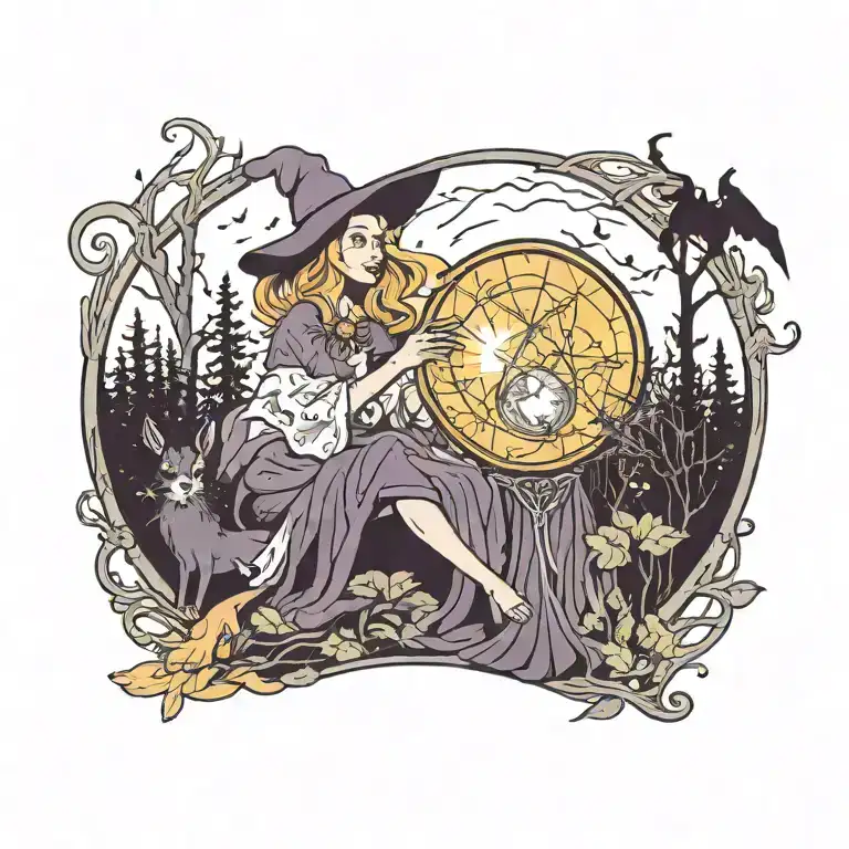 A tarot card featuring a witch with a magical crystal ball in a dark forest tattoo design idea