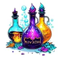 three potion bottles, different shapes colours witchcraft labels, 1 open leaking bubbles sparkles magic tattoo design idea