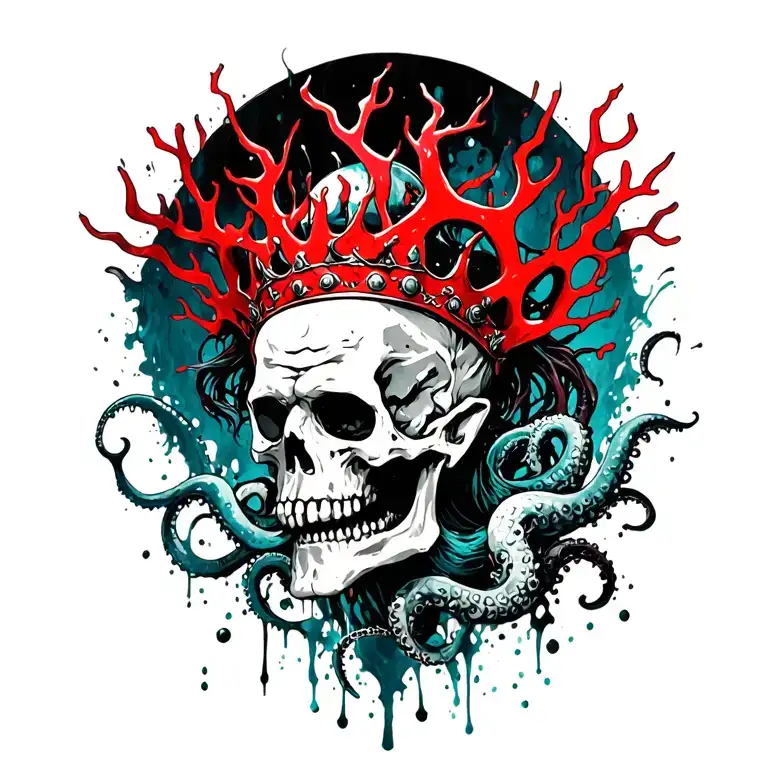 King Of Bones With A Coral Crown, Hades 2 Style, Eldritch, Tentacles, Lovecraftian, Deep Sea background, seaweeds tattoo design idea