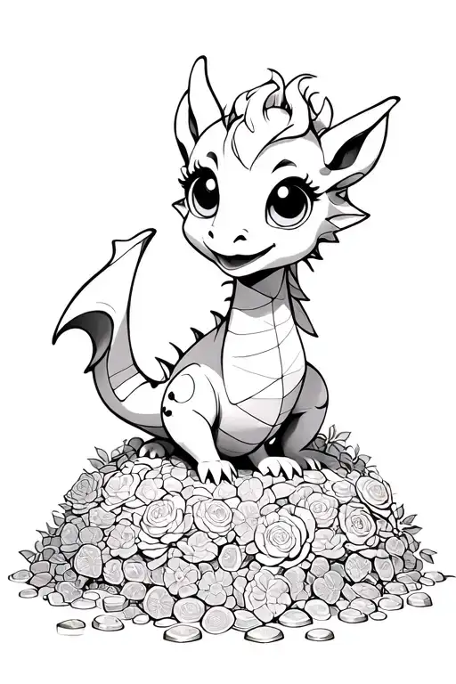 cute dragon, big anime eyes, feminine features, sitting on a giant pile of gold and treasure, background of flowers tattoo design idea
