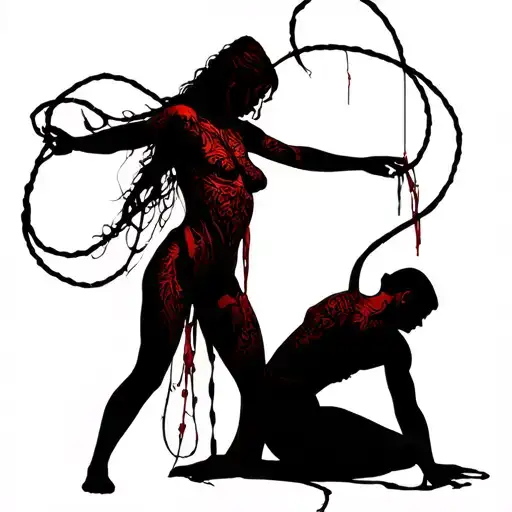 full body Silhouette of a male in a dongeon on his knees being tortured by a goddess dominatrix with whips, hyperrealist tattoo design idea