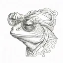 profile portrait of an old frog in glasses and a head scarf with a lace border tattoo design idea
