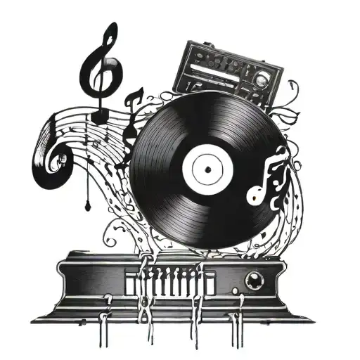 one half of vinyl record symbolizing my favorite music with musical notes falling tattoo design idea