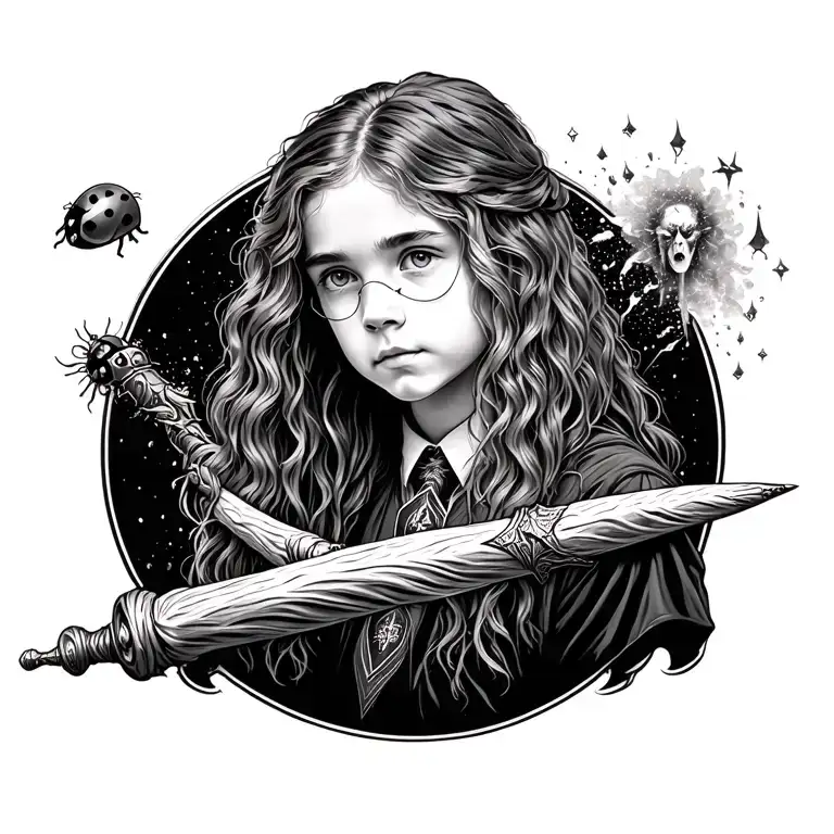 hermione wand with magic dust around it and a ladybug and some small image atoud it about harry potter  tattoo design idea