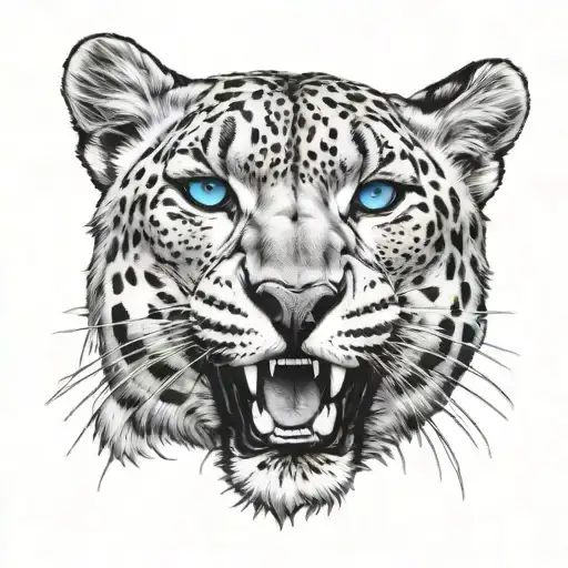 snow leopard with greek acroppollis background with blue eyes showing teeth tattoo design idea