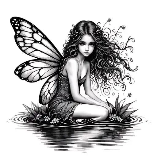 fairy sitting by pond ripples tattoo design idea