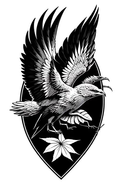 a phoenix flying under a philant star brings a leaf of lorium in its beak to a single ant tattoo design idea