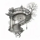 spiral staircase a cracked or broken hourglass a compass hanging on the steps of the staircase and a tree of life tattoo design idea