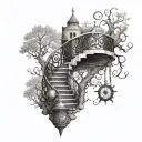 spiral staircase a cracked or broken hourglass a compass hanging on the steps of the staircase and a tree of life tattoo design idea