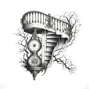 spiral staircase a cracked or broken hourglass a compass hanging on the steps of the staircase and a tree of life tattoo design idea